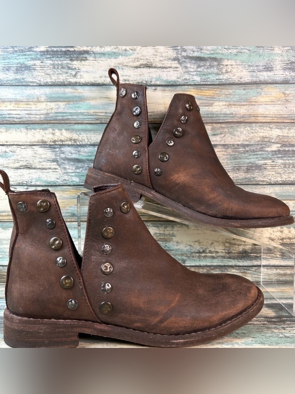 Coolway V-Cut Moto Ankle Boot Womens Size 5 Brown Leather Slip On Studded Casual